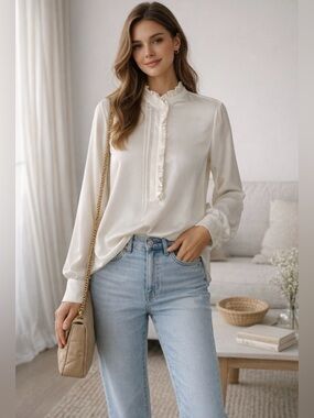 LILYSILK Ivory Silk Ruffle Neck Blouse | Elegant Minimalist | Size Large